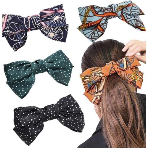 12pcs Korean Dots Printing Layers Large Bow Clip Women Girls Headwear Boutique Barrettes Big Chiffon Satin Hair Bows Accessories