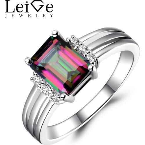 Leige Jewelry Rings Mystic Topaz Sterling Silver Fine Jewelry Rainbow Gemstone Engagement Wedding Rings for Women Emerald Cut
