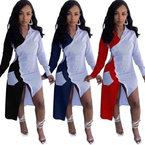 2021 European and American Fashion Sexy Color Matching Shirt Long Skirt with Pocket Dress