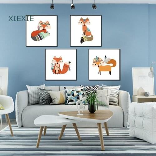Cartoon Animal Cute Lovely Fox Bear Owl White Background Canvas Paintings Wall Art for Living Bedroom Childrens Room