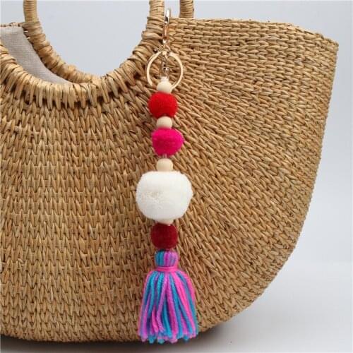 1pc Big Pompom Keychains Handbag Charms For Summer colorful Tassel Keyring Boho Jewelry for women