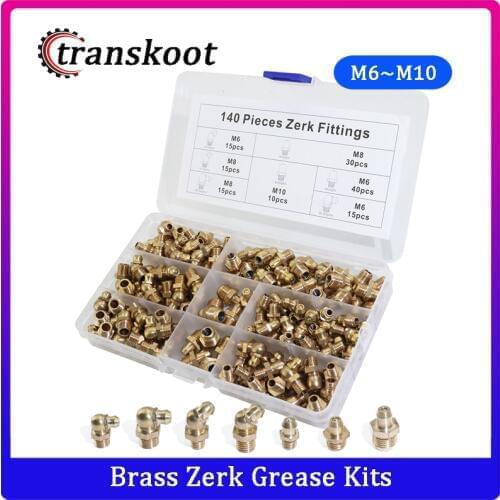 140pcs M6 M8 M10 Straight and 45 Degree and 90 Degree Hydraulic Brass Zerk Oil Grease Gun Nipple Fitting Assortment Kits