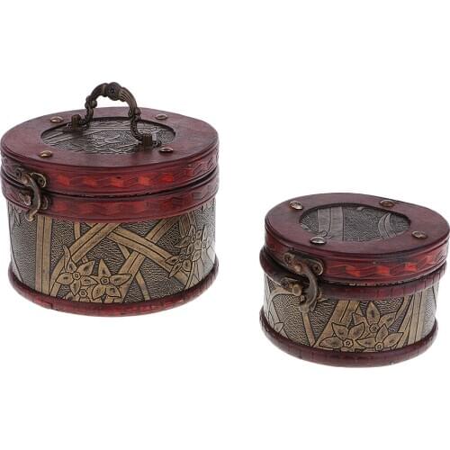 2PCS Vintage Wooden Jewelry Storage Box Treasure Chest Organizer Gifts Box Diameter 10.5 14cm