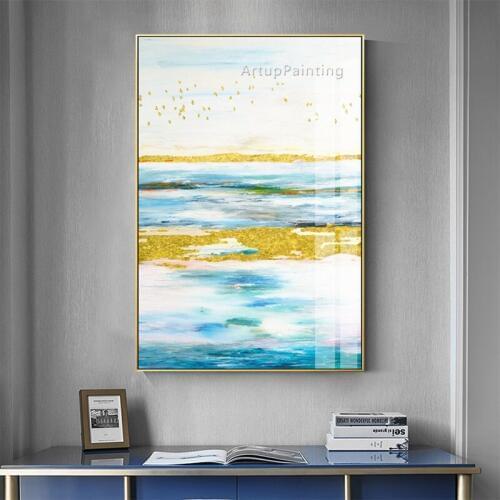 Abstract Blue Sea Gold bird Oil Painting on Canvas Acrylic Painting Wall Art Pictures for Living Room Home Caudros Decoracion