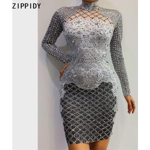 Flashing Silver Rhinestone Dress Birthday Celebrate Dress Women Dance Show Elasticity Outfit Prom Party Short Dress