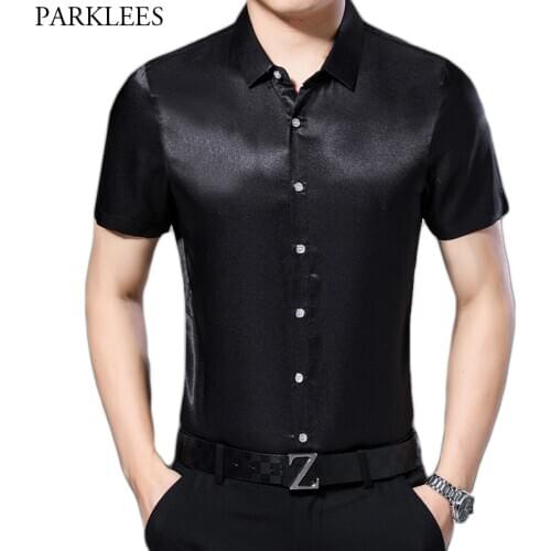 Black Silk Satin Mens Dress Shirts 2020 Brand New Short Sleeve Button Down Tuxedo Shirt Men Casual Smooth Comfortable Blouse 3XL