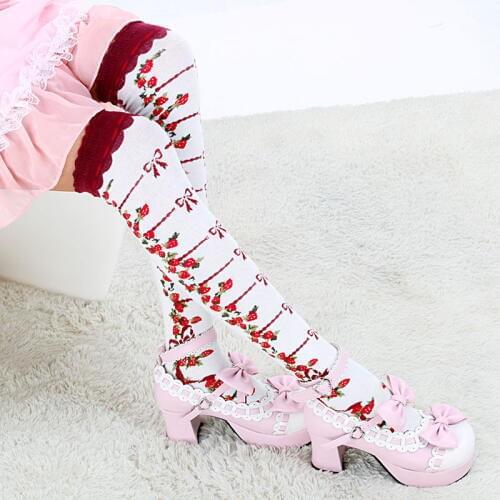 Princess sweet Lolita stockings Vintage strawberry over-the-knee long 100% stovepipe cotton soks cosplay stocking young girl