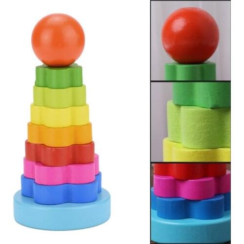 Baby Kid Education Wooden Toy Stacking Nest Learning Stack Up Rainbow Tower Ring