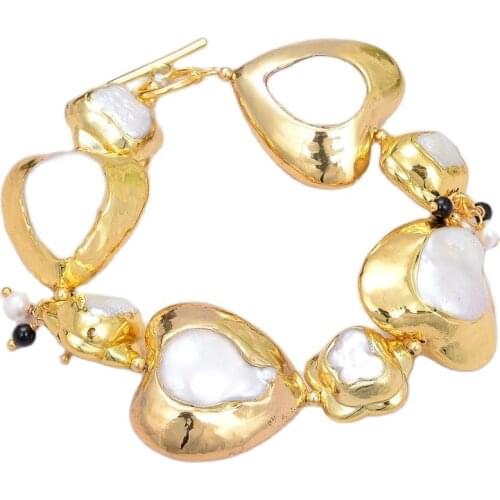 GG Jewelry Natural White Keshi Pearl Heart Butterfly Shape With Gold Color Plated Edge Bracelet 9" Vintage Style For Women