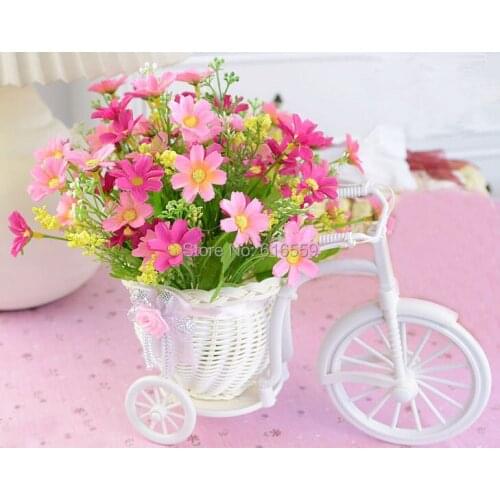 Artificial Rose Flowers With Plastic Rattan Wicker Tricycle Vase For Wedding Home Decoration Office Bedroom Holding Candy Gift