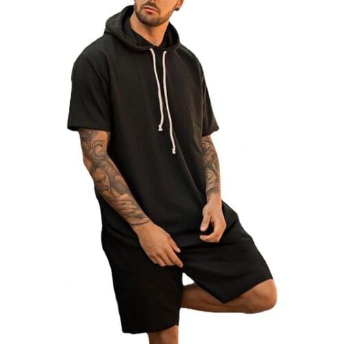 Summer Men Short Jumpsuit Short Sleeve Hooded Solid Mens Tracksuit Sets two Pieces Overalls Shorts SetFashion Sportwear 3XL