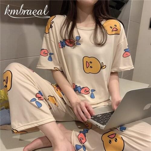 Summer Pajamas Set Women Girls Short Sleeve Trousers Cartoon Print Loose Casual Sleepwear T-Shirts and Shorts Pjs Homewear New