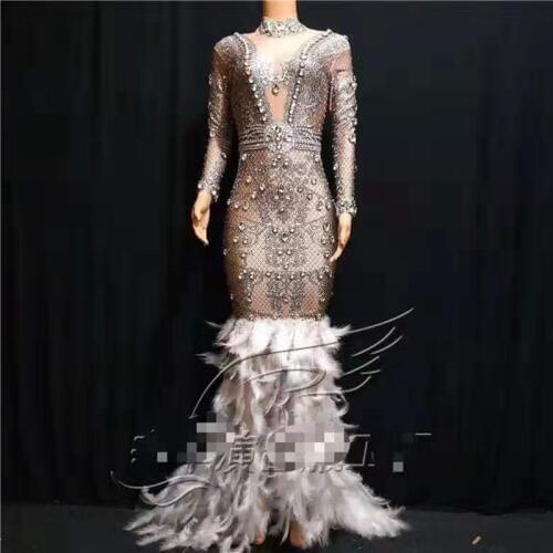 Fashion Sparkly Rhinestones White Sexy Nude Dress Sexy Full Feathers Long Big Tail Dress Costume Prom Birthday Celebrate Dresses