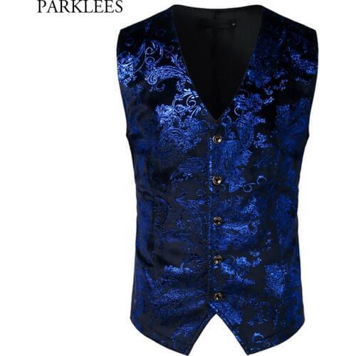 Luxury Royal Blue Paisley Bronzing Vest Men Slim Fit V Neck Wedding Suit Vests Mens Gothic Aristocrat Steampunk Victorian Gilet
