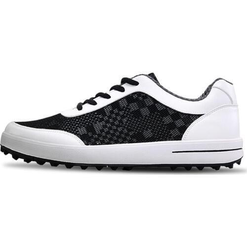 New Men Golf Shoe Mesh Sport Lace-Up Walking Shoe Breathable Non-slip (Black White)