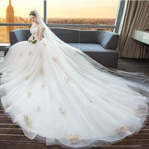 New Luxury lace Appliques Royal Train boat Neck Fashion Wedding Dresses for bride plus sizes vestido de noiva robe de mariee