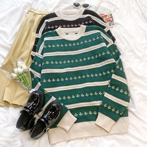 Autumn Retro Green Striped Hollow Out Jacquard O Neck Loose Long Sleeve Knitted Sweater