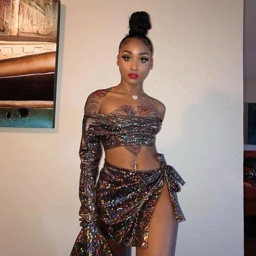 Sexy Party Club Outfits Set Shiny Holographic Strapless Crop Top Bow Tie Dress 2 Two Piece Sets Long Flare Sleeve Top Mini Dress