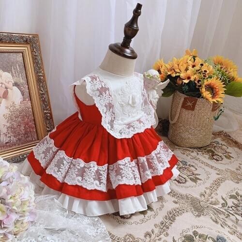 Baby Girl Christmas Red Lace Sleeveless Vintage Spanish lolita Princess Ball Gown Dress for Girl Birthday Easter Dress