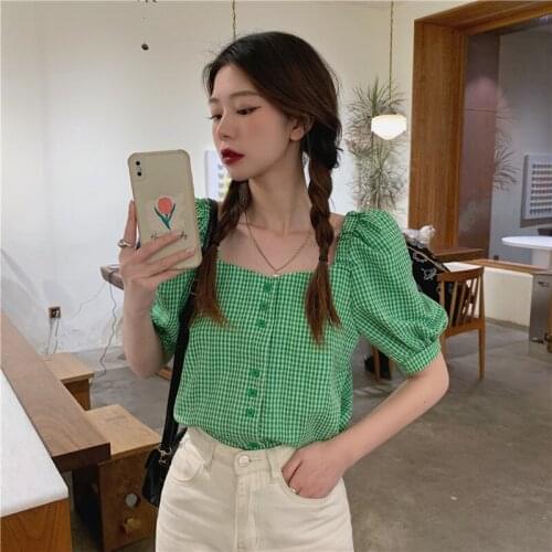 Women Shirts Temperament Square Collar Plaid Short-sleeved Shirt Female Design Sense Niche Summer New Korean Style Slim Top