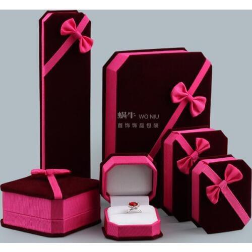 100PCS/LOT Accept Customized LOGO Rose Red Velet Jewelry Box With Ribbon Bow Ring Necklace Display Box