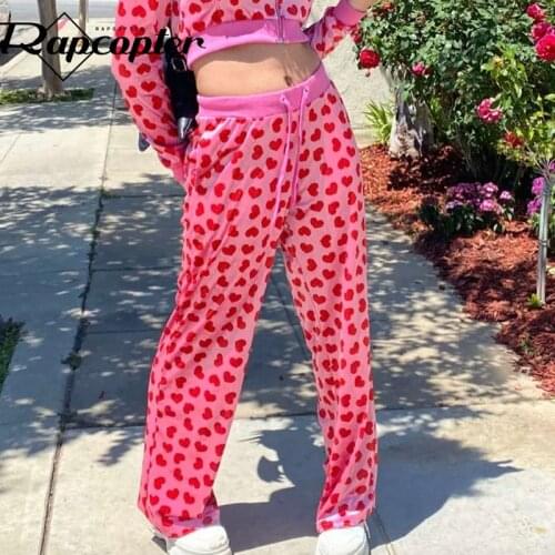 Rapcopter Heart Printed Sweatpants y2k Aesthetic Cargo Pants Pink Cute Sweet Baggy Sporty Joggers Women Vintage Velvet Trousers