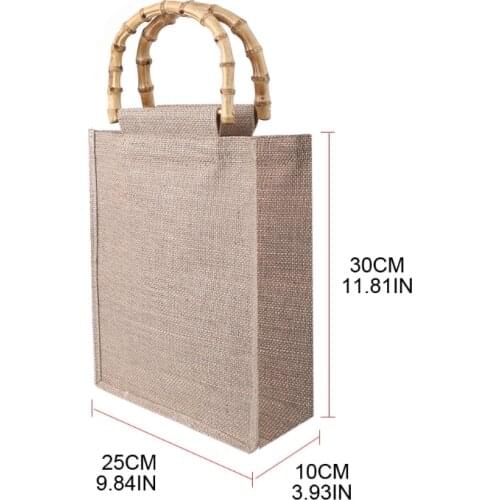 20CA Portable Burlap Jute Shopping Bag Handbag Bamboo Loop Handles Reusable Tote Grocery Bags