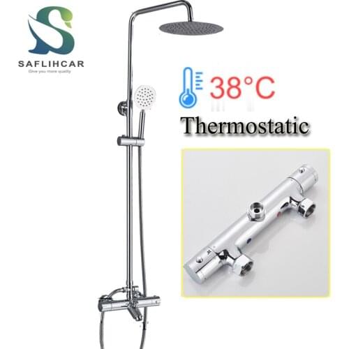 SAFLIHCAR 8'' Shower Thermostatic Shower Set Chrome Bath Shower Faucet Dual Handles Hot & Cold Water Mixer Valve Tap Tub Spout