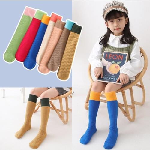 7-color childrens color matching vertical strip cotton calf socks spring and autumn baby knee socks breathable tube socks
