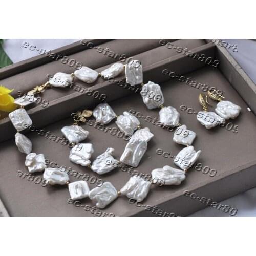 Z11341 SET 24mm White Square Coin Keshi Pearl Necklace Bracelet Earring Women Fashion Jewelry
