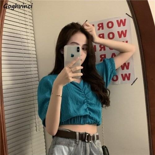 Women Blouses V-neck Summer Short Sleeve Solid Elegant Korean Style Womens 7 Colors All-match Chic Casual Tops Shirts Fashion