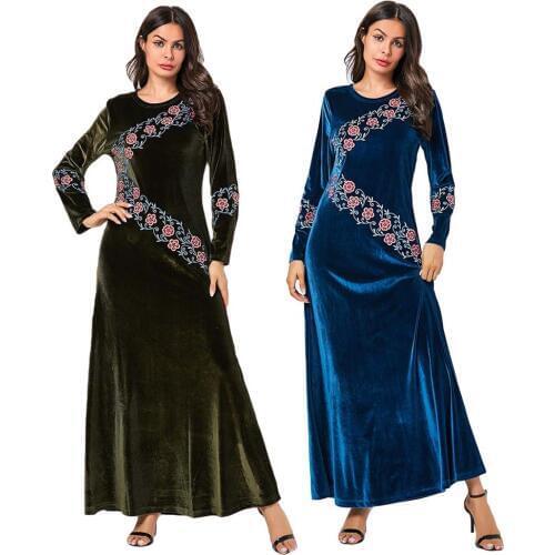 Dubai Women Velvet Abaya Floral Embroidery Maxi Kaftan Muslim Long Robe Gown Arab Islam Clothing Long Sleeve 2019 Autumn Winter