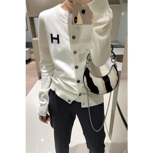 DY Europe station cashmere cardigan womens loose H-letter thin knitted jacket sweater slim round neck sweater