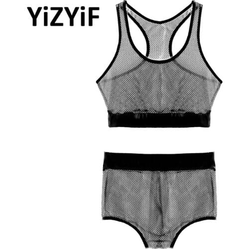 2Pcs Womens Sexy Sheer Mesh Tank Crop Top See Through Shorts Sets Clubwear