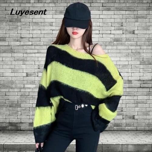 Gothic Lady Loose Pullover Sweater Autumn Yellow White Black Striped Women Full Sleeve Harajuku Sweaters Korean Fashion Clothes