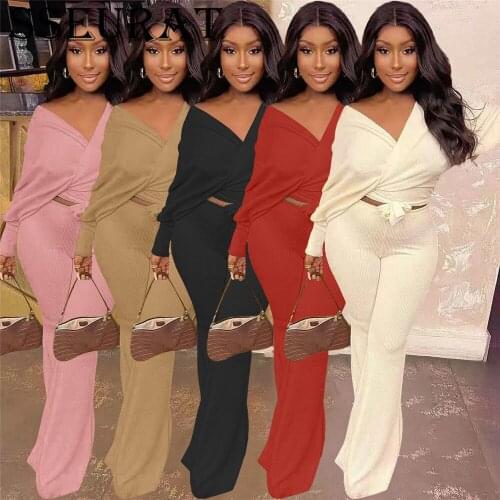 SSEURAT Women Two Piece Set Knitting Long Sleeve Bow Loose Tops and Flare Pants Suits Autumn Fashion Outfits