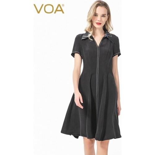 VOA Ink Black 30m/m Heavy Silk Jacquard Lapel White Arch Pin Pleated Waist Short Sleeve Swing Dress for Women A207