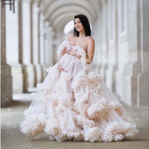 Dreamlike Ruffles Tulle Long Maternity Robes Photo-shoot Tulle Flounce A-line Women Dresses Formal Event Night Long Gowns