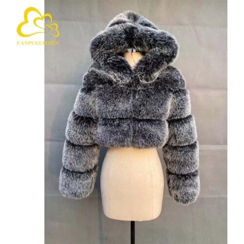 Winter Warm Fluffy Faux Fur Coats Jackets Women High Quality Fake Fur Cropped Jackets with Hooded Winter Fur Jacket