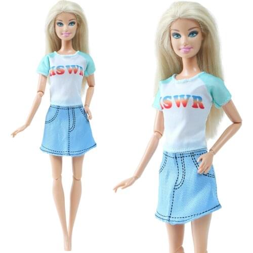BJDBUS 1 Set Blue Doll Outfit Letter Shirt Dress Mini Skirt Casual Party Wear Clothes for Barbie Doll Girls Accessories DIY Toys