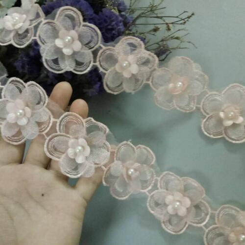 1 yard Pink Pearl Beaded Embroidered Flower Lace Ribbon Trim Floral Applique Patches Fabric Sewing Craft Vintage Wedding Dress