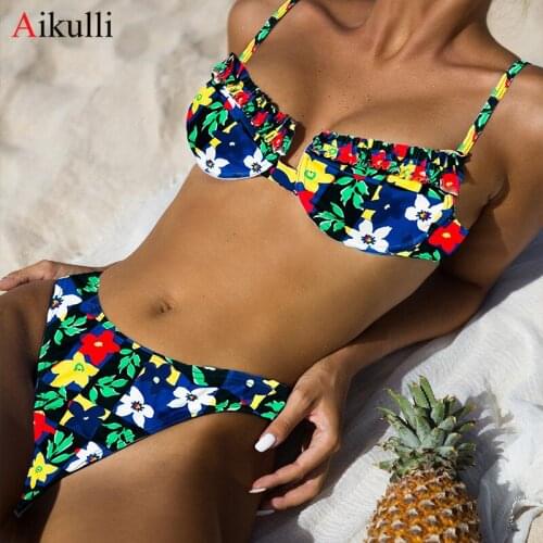 2021 Sexy Floral Print Bikinis Swimwear Women V-bar Underwired Bikini Set Push Up Swim Bathing Suits Female Brazilian Swimsuits