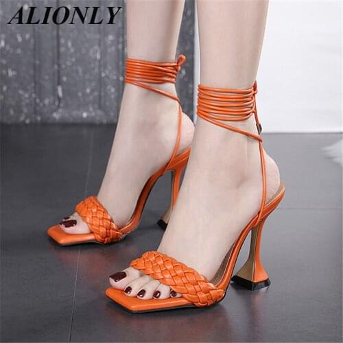 ALIONLY Sandals Hollow Cross-Tied Weave Shoes for Women 2021 Summer Cozy Leather Peep Toe Ankle Strap Ladies Strange Heels Pumps