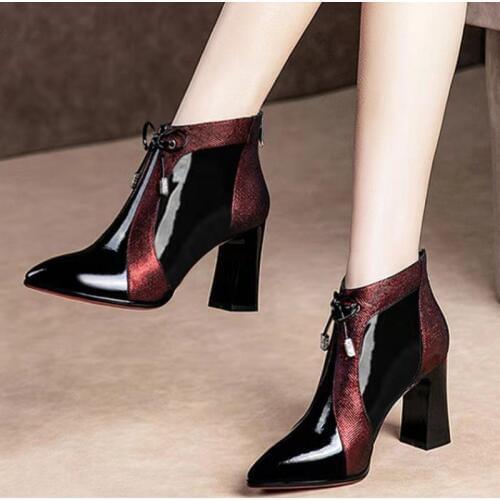2020 Spring Autumn Patent leather thick High Heels Pointed Toe Faux Leather Zipper Style Sexy Ankle Womens Boots Bota Feminina