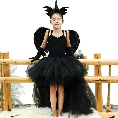 Black Angel Tutu Dress Before Short After Long Tulle Girl Dress Tail Kids Pageant Evening Party Dress Girls Halloween Costume