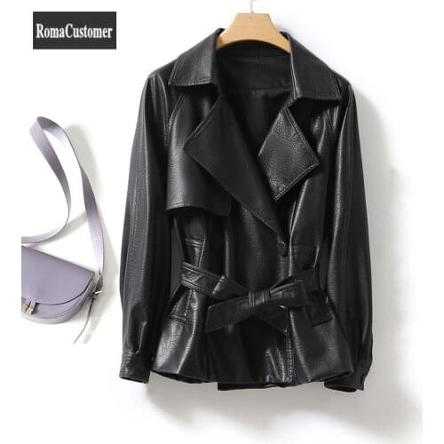 2021 Autumn New Korean Womens Solid Genuine Leather Jackets Office Lady Elegant Slim Turn-Down Collar Fashion Casual Outerwear