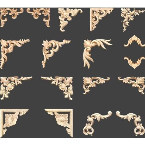 Onlay Wood Mouldings Wood Applique Wooden Corner Flower Unpainted Modern Wood Decal Carved Wood Corner Furniture Decoration