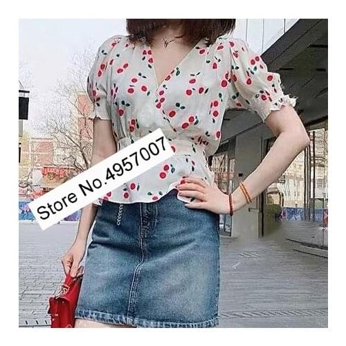 Elfbop Ladies High Quality Silk Cherry V Neck Blouse Top With Short Sleeve & Gathering Waist With Ties