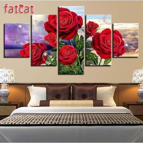 FATCAT New Diy Diamond Painting 5 Pieces Red Rose Flowers full Square Round Drill Diamond Embroidery Sale Home Decor AE817