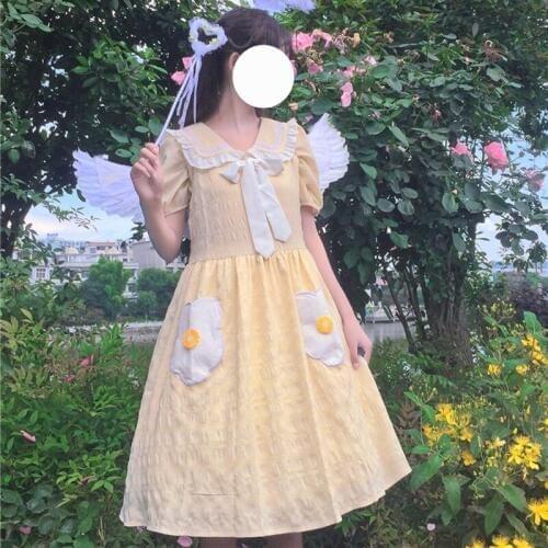 Japanese College Sweet Lace-up Sailor Collar Pleated High-Waist Slim-Looking Short-Sleeve Mosaic Female Summer lolita dress